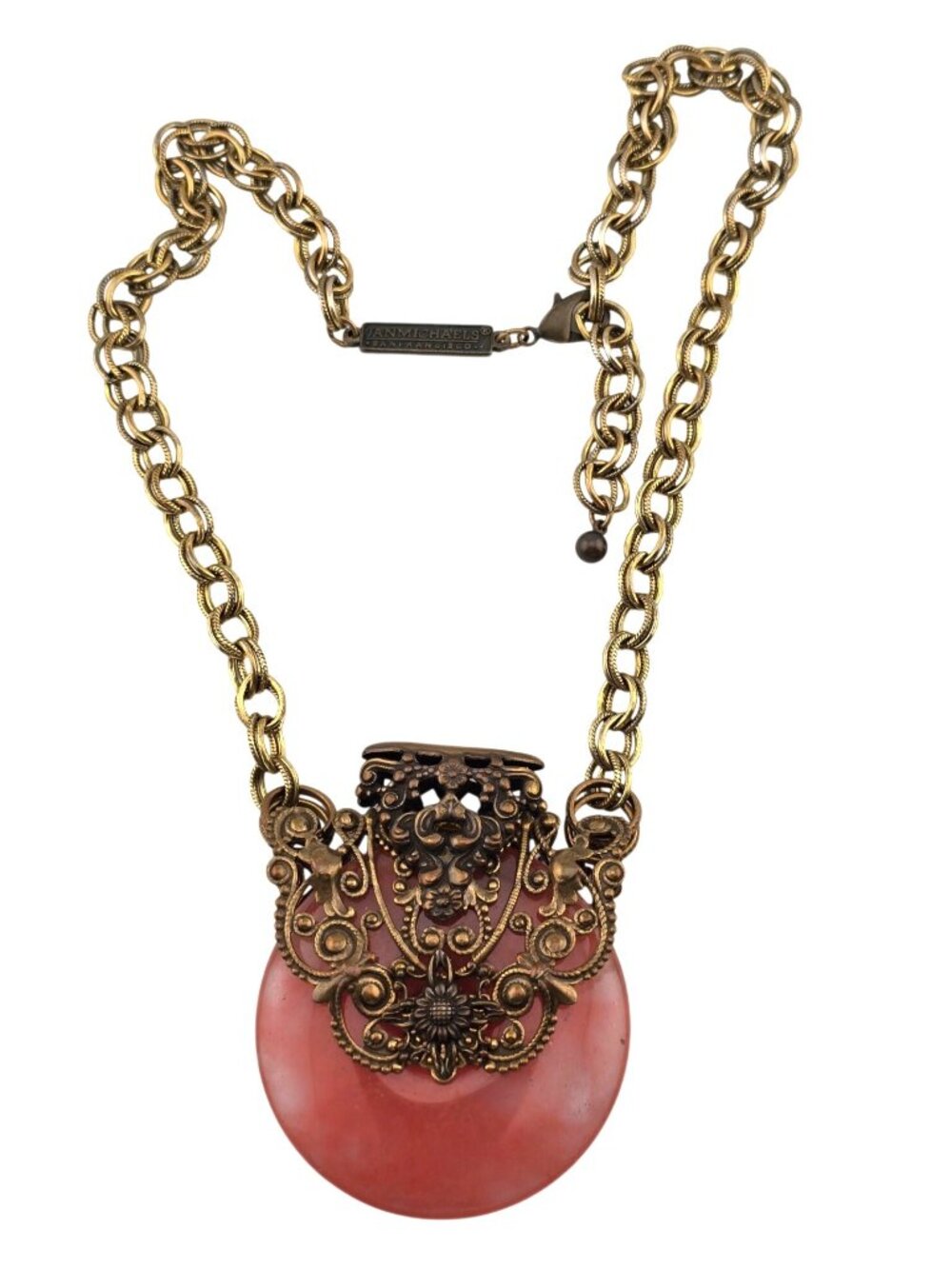 Vintage Jan Michaels Brass Necklace With Pink Resin Pendant & Filigree - Picture 4 of 8